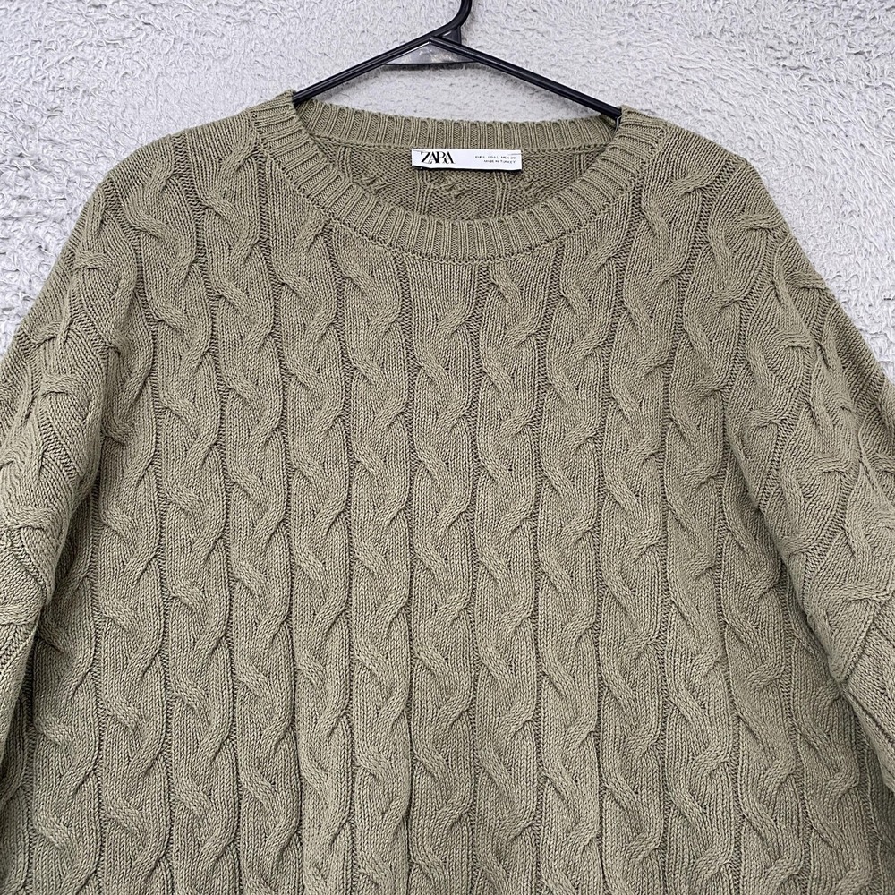 Zara Boxy Sweater Womens Large Green Cable Knit Cropped Balloon Sleeve Oversized - Picture 3 of 12